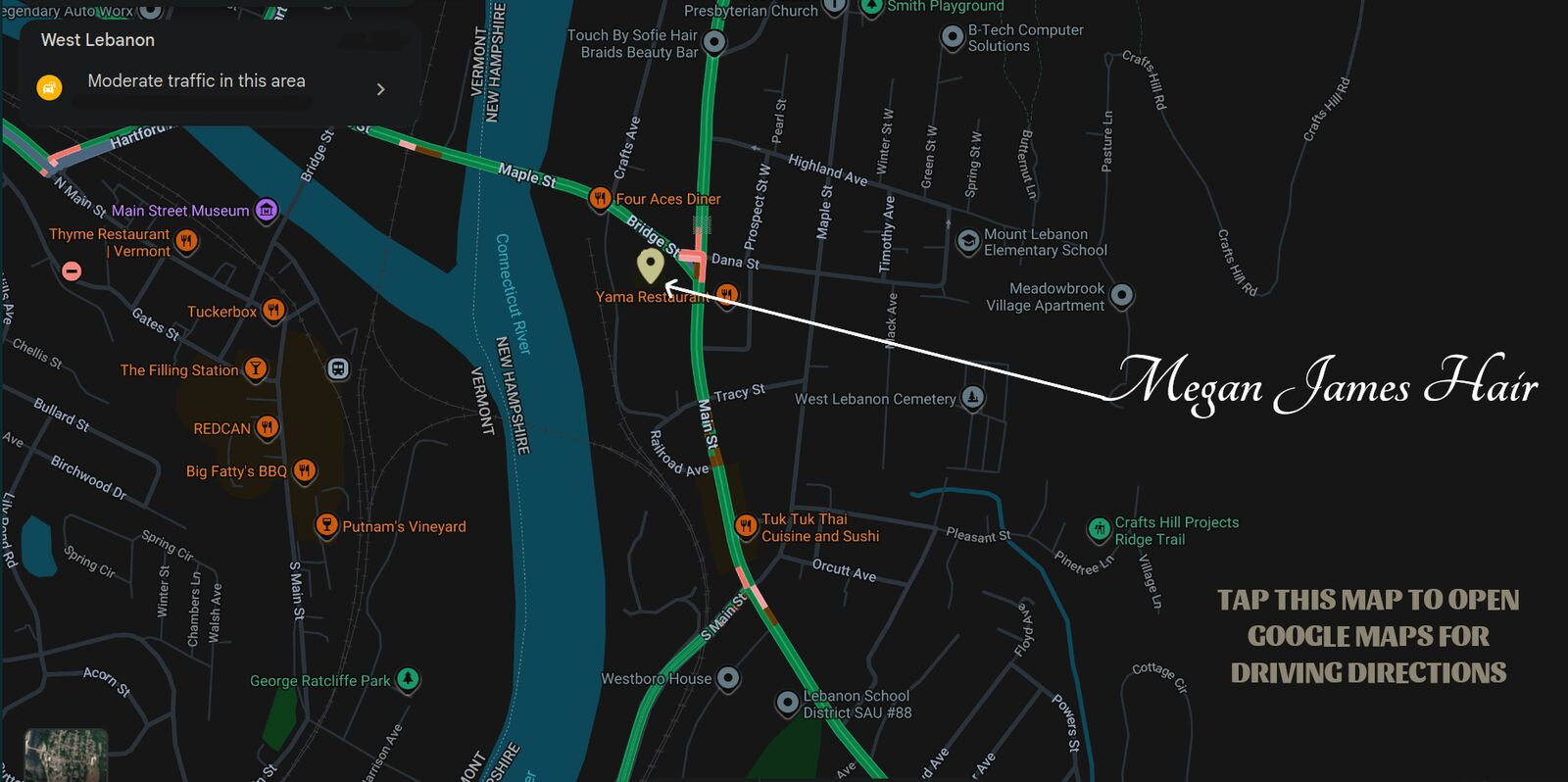 Map showing Megan James Hair location in West Lebanon NH